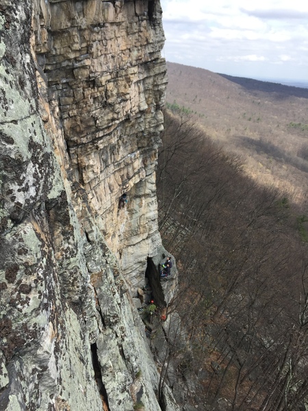 Looking down at belayers on feast of fools, from cold turkey at the gunks!