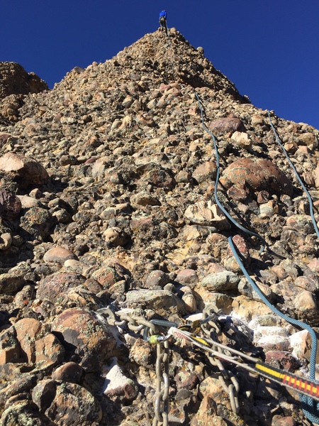 These are the anchors at the top of P2. This is a 120' pitch, so a 70M rope is required.