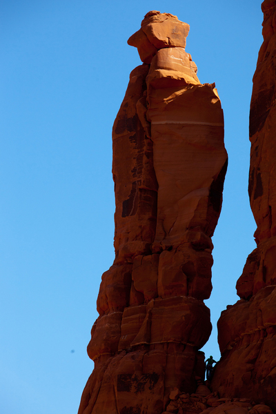 The route starts on the opposite side of what you can see. The climber (me) is at the top of the first pitch, in the notch between the two towers. The second pitch climbs the left side of that notch.