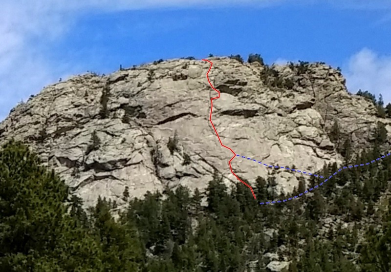 Sisters Rock, viewed from the southwest, with Middle Way highlighted in red, and the approach and ramp in blue.