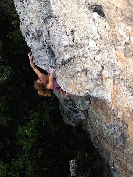 Joy Cox in the tricky roof crux of Big Girls Don't Cry.