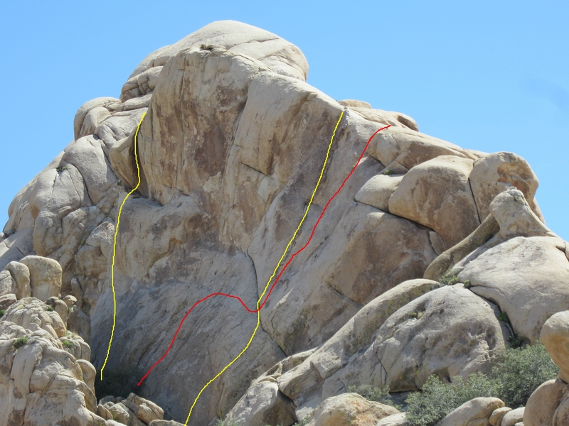 North end of the east face of NBD. Left to right- Johnny Went Home, My Ex (red), and Three Dicks on a Dyke.