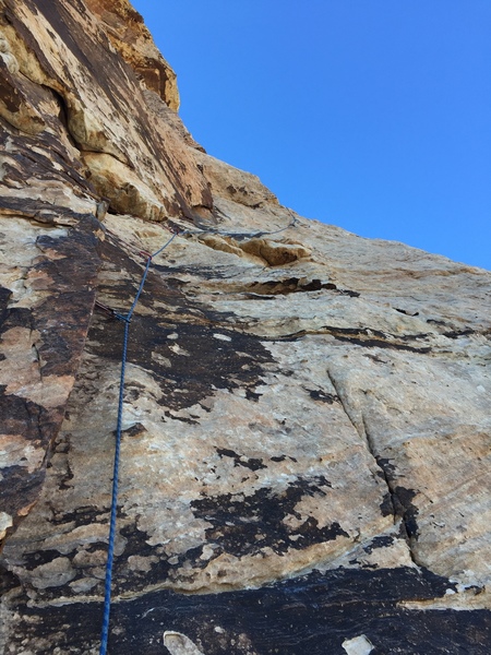 View upwards towards pitch 2. If you can’t see the bolt near the skyline about 40 feet above you when looking for an anchor position for pitch 1, keep climbing.