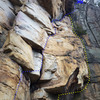Lower section of the route. BLUE: 5.9, YELLOW 5.10a variation