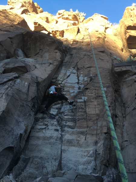 Joy Doucette on the crux lower section of the route.