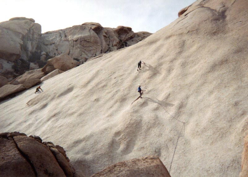 Don Porter leading off from the second pitch with Laurie Carr belaying him, to the left LeRoy Russ being belayed by Gary Schenk and Mary Jo Dungfelder on MC-1.