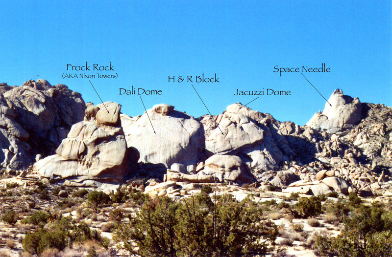 From left to right, Frock Rock (aka Nixon Tower), Dali Dome, H & R Block, Jacuzzi Dome and Space Needle. These crags were named by those climbers who top out first and gave a name to their crag.