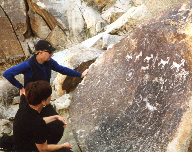 Don Porter and Mary Lorhman checking out the Petroglyphs at the mouth of Grapevine Canyon.