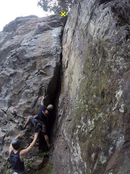Guille Duran leading up the route on pre place gear. Matt Hyde is giving him a catch.