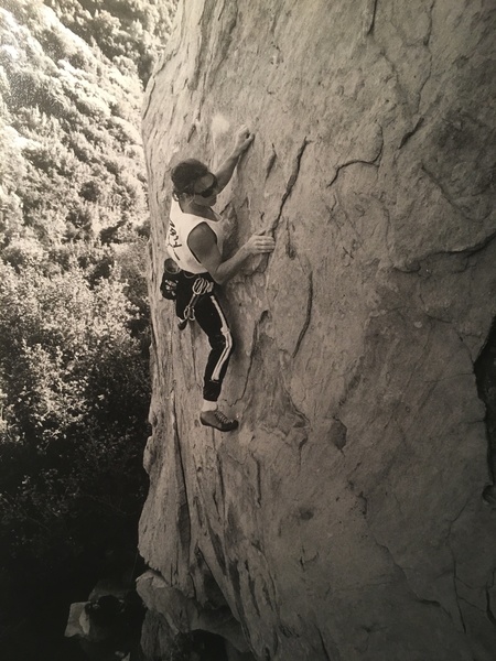 Dave Griffith on the F.A. of " Stormbringer " 5.11b/c
<br>
Belayed by me, photo by Pat Briggs 1992