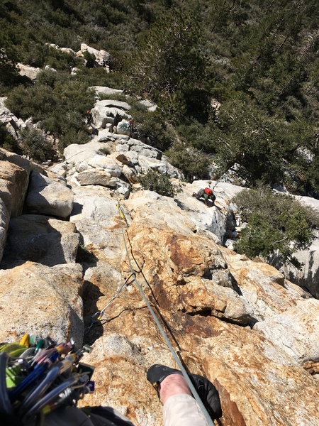 Looking down from Pitch 1. Jensen’s Jaunt. Ignore the climber on the right of this pic in the red backpack. He was a cool dude though.
