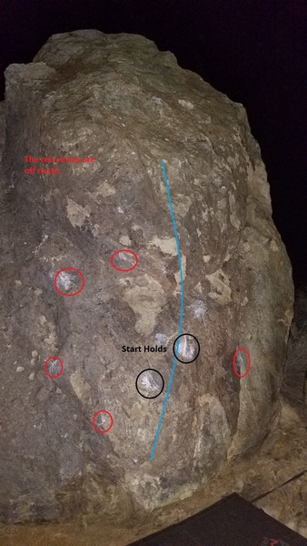 Ruffle Feathers (V3):
<br>
Start with a gaston and move up to a decent crimp on the right. There are good holds on the topout to pull yourself over.