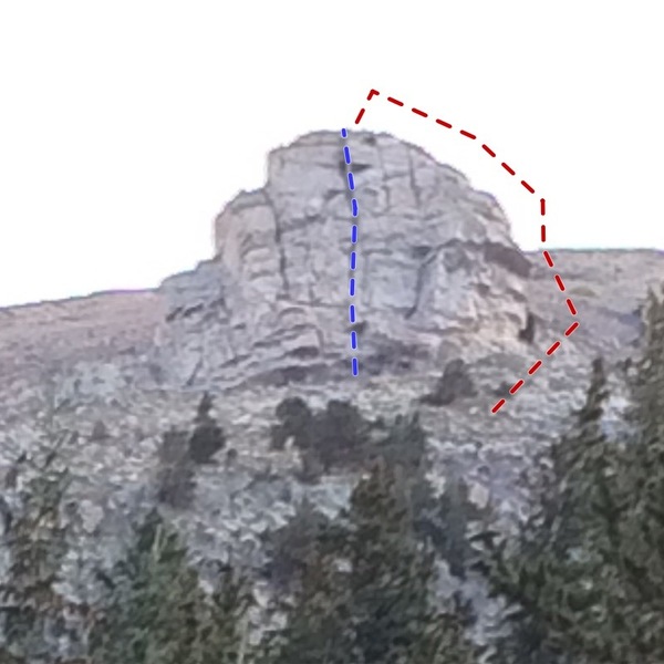 Sidewinder seen from right at timberline. The red line is the TR approach, and the blue is the good crack.