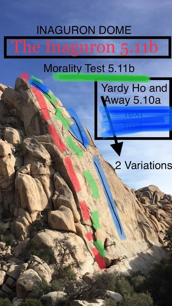Inaguron Dome. RED (the inaguron 5.11b). GREEN (Morality Test 5.11b). BLUE (Yardy Ho and Away 5.10a - Route forks into 2 variations close to the top)