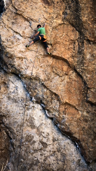 Cliff T just before heading into the crux on the upper half.