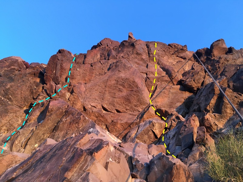 On rappel with the two bolts on The Gnome (yellow) to the right, and a single bolt visible further left on Loose Lieback (teal).
