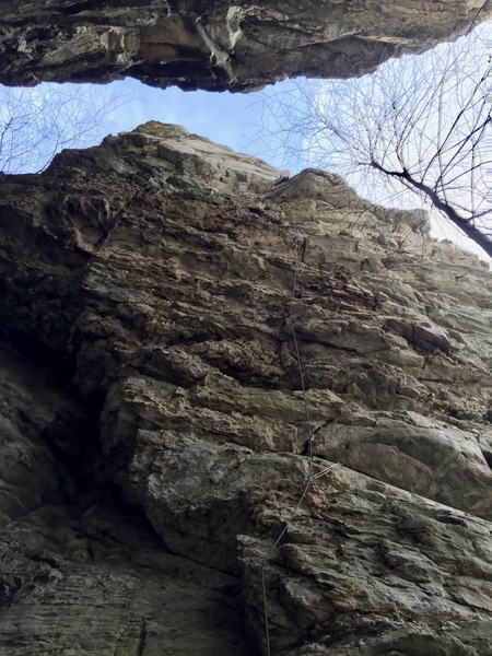 Tim Fisher on the first ascent of Church Lady.
<br>
<br>
Hangin' with Diablo takes the vertical crack left of the rope line.