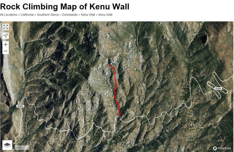 The approach to Kenu Wall. Locate a small dirt pullout on the right side (on right hand bend in the road), approximately 4.8 miles up Sherman Pass Road from Mtn 99. Park here and cross to the left side of the road. You'll be able to see Kenu Wall and The Grandfathers from here. There is a tension wire gate that allows acess. Please close it as you leave and enter since this is leased national forest land for cows to occasionally graze. Follow a cairned trail that meanders up the sloping ridge.