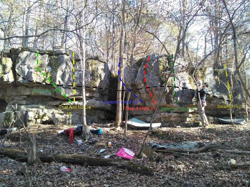Boulder with lines from left to right.
<br>
Tree frog V1
<br>
Aint no Lie V0
<br>
Swamp Arete V2
<br>
Slap a Hold V1
<br>
Swamp Thing V0
<br>
Swamp Pull V0
<br>
Swamp traverse V3