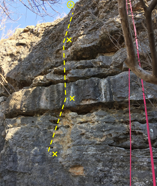Bolts and anchors for PLD. Start on the thin boulder below the first bolt.