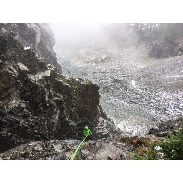 Rappelling out of the east notch after getting rained/snowed out