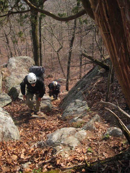 Alan Jolley hiking up the gulley.