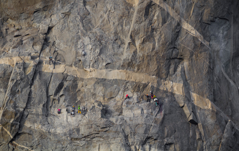 Traffic jam on The Nose. Shot from El Cap meadow with a 400mm lens