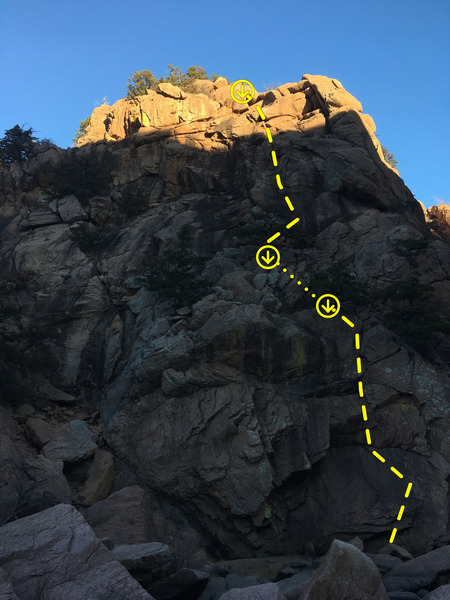 First pitch is about 45ft 5.8+. The second pitch has some good slab down low and eases off to 5 easy up high. Short belay move over 4th class marked in between.