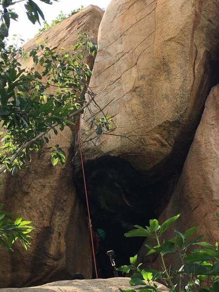 From the position where the climber is, if take the roof it's Devil's snare and if you keep chimneying up in the opposite direction, it is Paathala