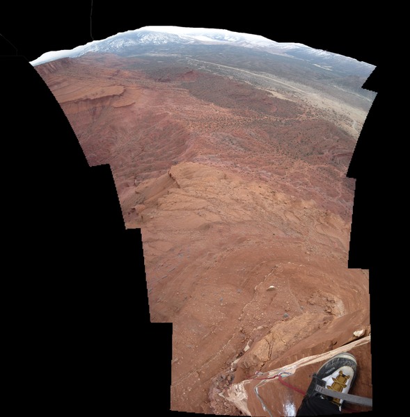 Looking down the crux and to the La Sals in winter