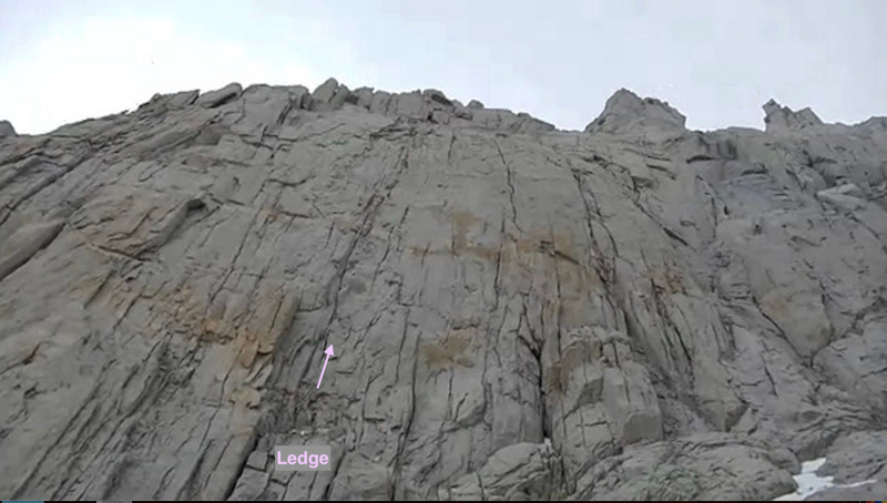 Here's a better view of the route. After some 3rd/4th class climbing above the Mountaineer Route, I roped up at the small ledge and followed the obvious crack system.