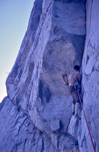 Ray Palmer starting the first pitch of "Godzilla's Revenge" in 1969 - a short traverse to the "Goose neck" corner. (not quite this steep).