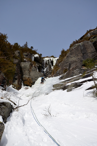 Laura Duncan leads P1--first known woman to put up an ice route in Panther Gorge.