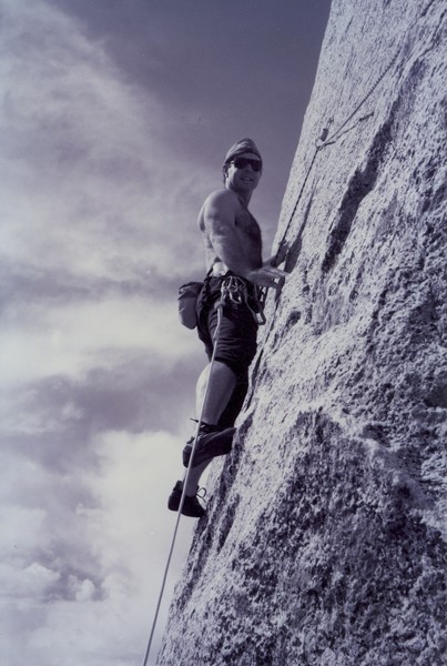 Bob Gaines on the first ascent of Turn The Page (5.10b), October 1993. Photo by Mike Borrelo.