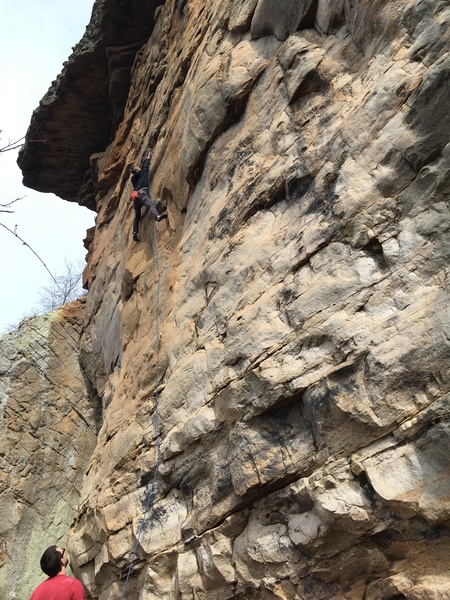Ryan Frank belaying Christopher DeGarmo at the crux of this route