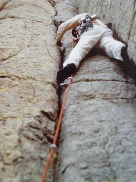 1974 on the Durrance with large Hexentric nuts, bong-bong pitons, and "Robbins boots". In 1974 you still needed to get "checked out and approved" by the Park Rangers. (photo by Steve Schofield)