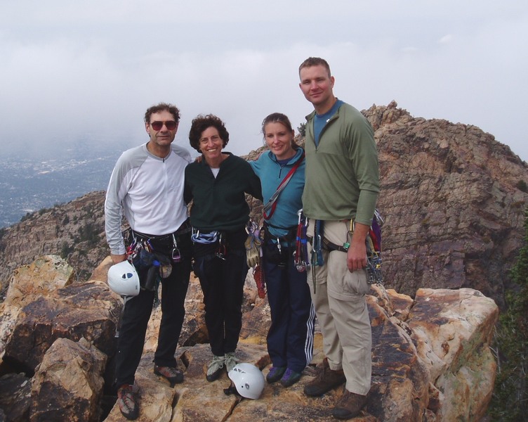 Bob, Sheila, Jen & Max on the summit, 2005. We stayed on the ridge crest and came down the rock behind and right of Max; apparently it's easier to traverse to the left of Bob !