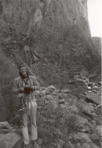 A photo I took of Earl Wiggins minutes before he made the first free solo ascent of the Russian Arete. We shared a bite to eat and had a few chuckles, then he took off. He beat me to the top! Circa 1975.
<br>
<br>
Photo: Larry Hazlett.