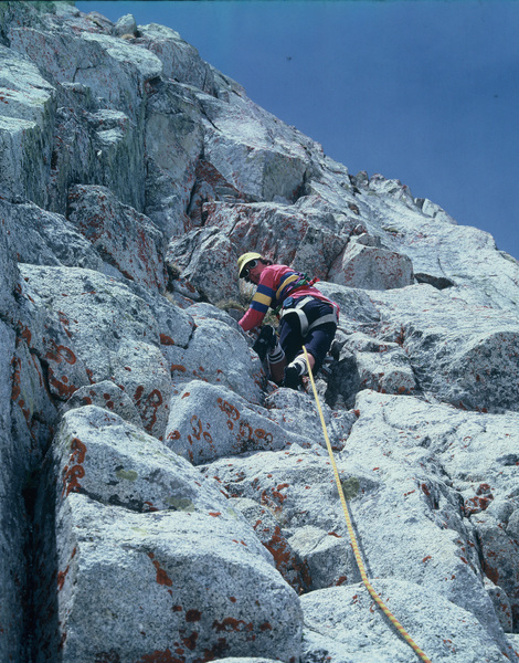 In 1978, my brother Jonathan and I attempted a new route on the buttress left of Hogum's Heros. We got 2 1/2 pitches up before our crack system petered out. I'm leading here.