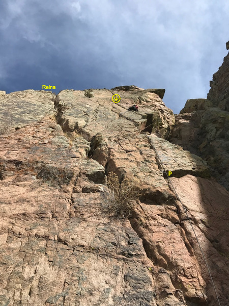 Looking up from the base. Fria climbs straight up the prominent crack on the right. Puta P1 goes to the belay 120 feet up,then left to the small tree and then up.