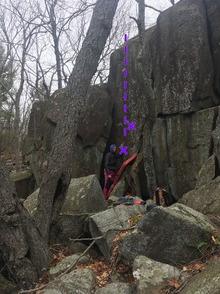 Beautiful line made less appealing by the landing and dab potential. Fun climbing.