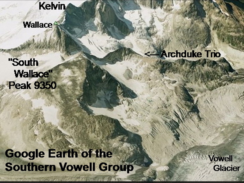 Google Earth of Archduke Trio area (roughly the same area as the map; Google Earth does not make the formation look anywhere near as serious as it is! )