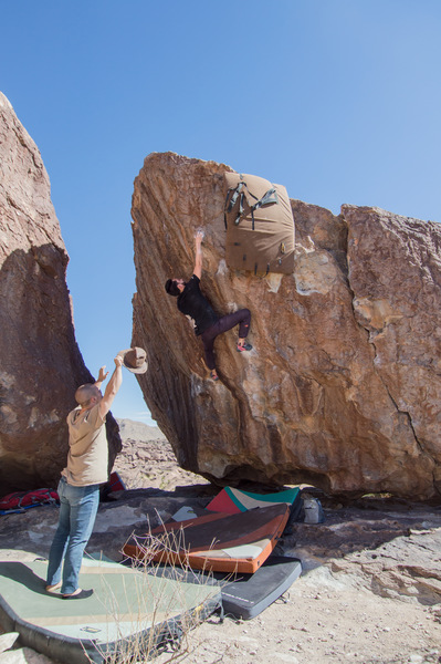 Baby face in Hueco! Another climber suggested hanging a pad from the top to block incoming sunlight. Worked great, the sun is directly in your eye later in the day.