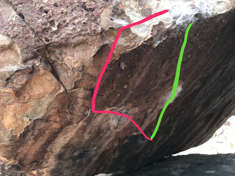 Pumped Full of Semen, V9, is red line. The jug to the right did not exist when this problem was first established.
<br>
<br>
Easier variation of PFOS is green line and is approximately V7. The large sidepull jug this problem uses did not exist when original line went up, so this is a variation. Taller people will definitely prefer this easier variation but it is much more dabby with that boulder behind you.
