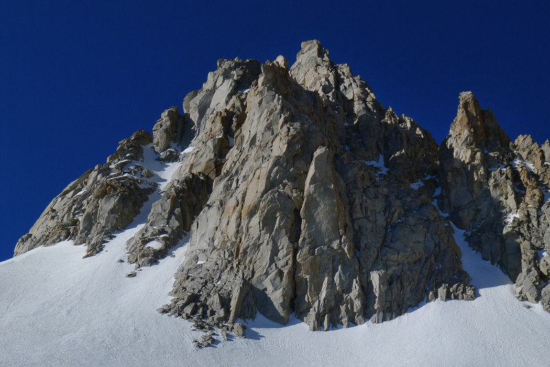 The northeast side ot Haeckel. My route takes the gully in the shadow to the big col on the right side of the photo. It then takes the visible ridge line directly to the summit of Haeckel. Super rock quality. Spring only as I would imagine the gully melts out eventually. Done at the end of May in 2012 which was a pretty dry winter.