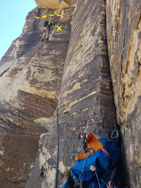 John on the traverse pitch. 'X' marks the bolt before moving to the traverse (feet low, hands across the dotted line). Small pro to be found in the vertical crack to the left of the traverse.
<br>
<br>
The belay shown lines up with the 5.7 variation to P3, the classic line is the corner to the left of the shown belay.
