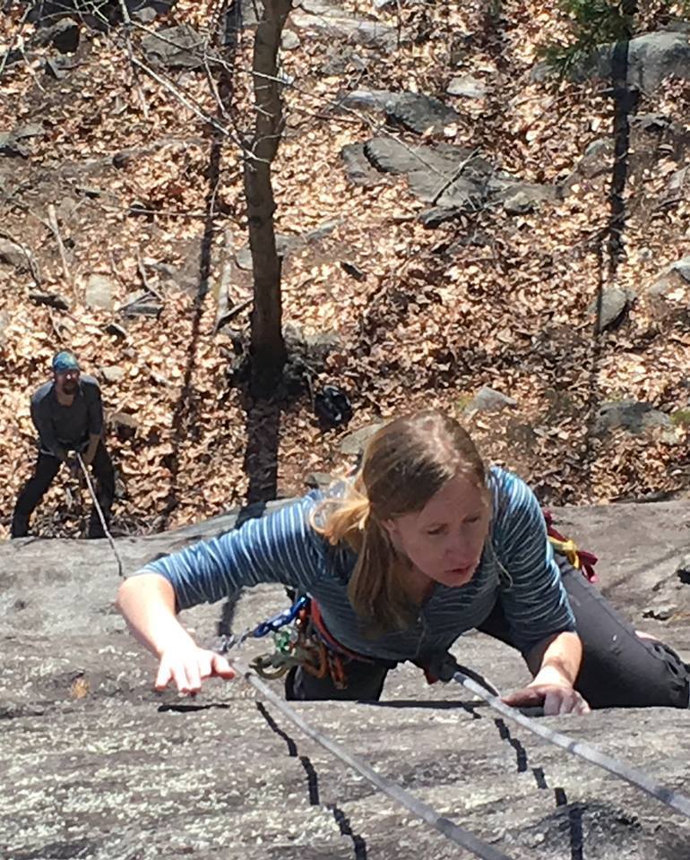 Kim top roping on the 1st pitch of Dirty Jugs with Family Wall corner