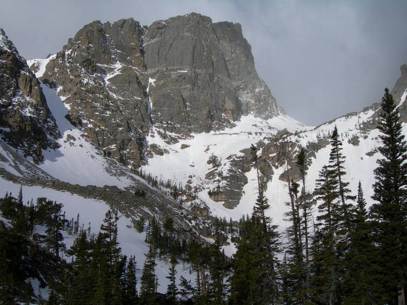 Hallett Couloir is the prominent couloir on the left of the photo.