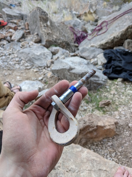 3/15/18 Went in direct to left-side bolt at the top anchor, noticed the stupid thing physically shifting around in its hole. Grabbed a jug and clipped the right side, then pulled it out with my hand with no more force than a sneeze. Sketch af and leaves the other bolts at this crag suspect. Got the hell off that thing fast.