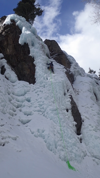 South Park's "Chinpokomon", WI4, 30m (98 feet), Ouray, CO. Almost to the top. The ice is near the end of the season (Mar 21) but is still quite good to climb.
